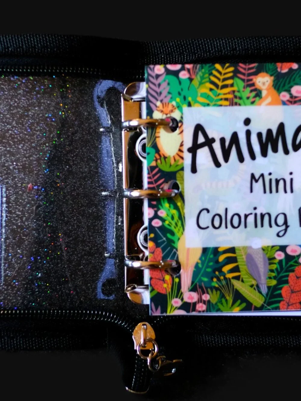 Mini Coloring Book, Animals, Handmade, 3 ring binder, zipper cover, pencils